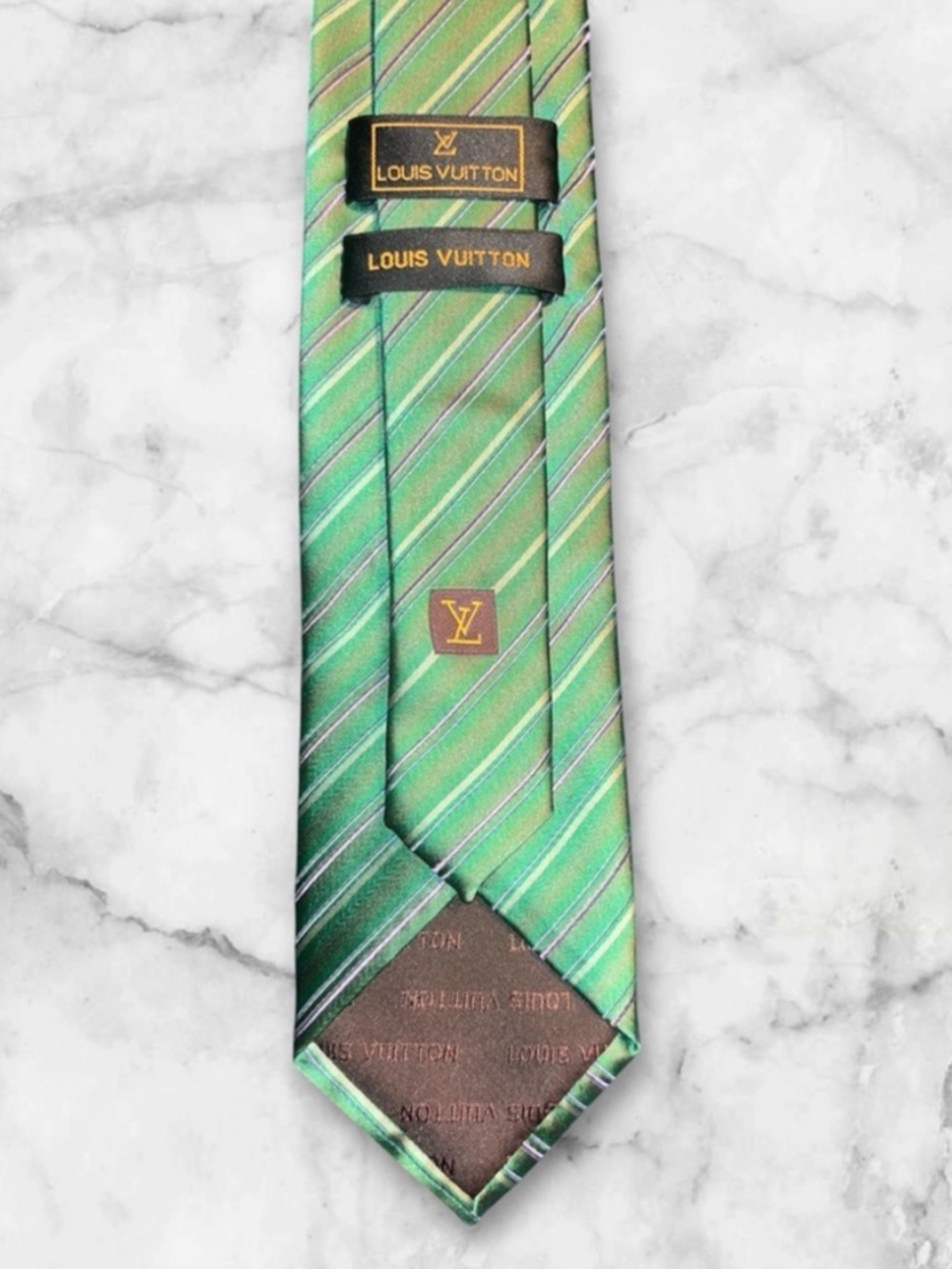 Louis Vuitton Green and Yellow Diagonal Stripe Silk Tie